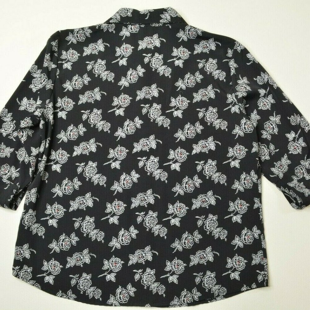 VTG Modern Essentials Sz L Womens BLACK White FLORAL 3/4 Sleeve Button Up BLOUSE - Picture 3 of 9